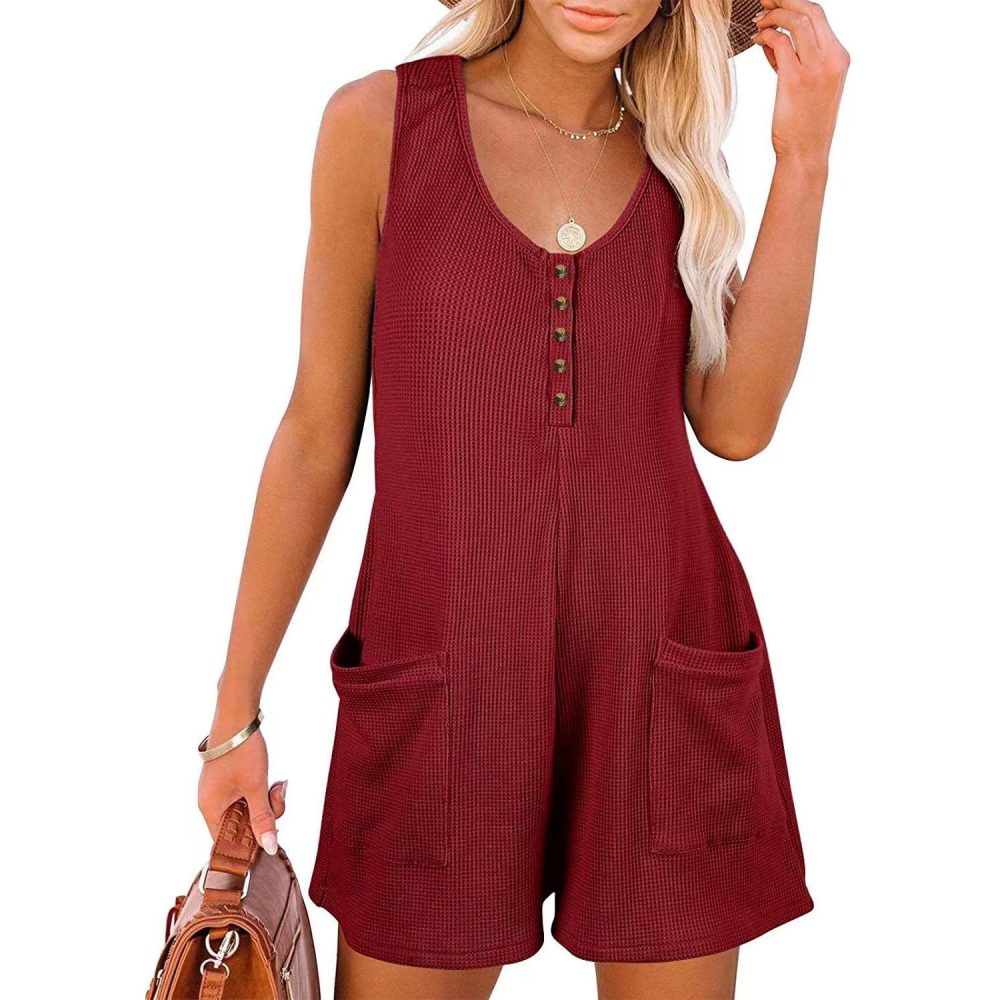 Casual Waffle Button Jumpsuit With Pockets Fashion Summer Beach Straight Shorts Overall Pants Womens Clothing - Image 5