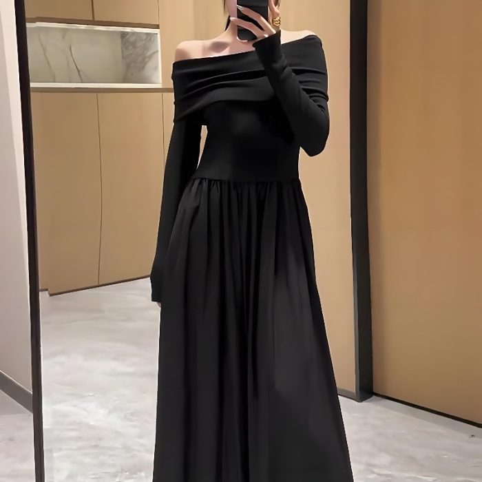 New Long Sleeve Waist Slimming Temperament Wild Mid-length Skirt