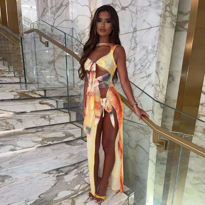 Gradient Printing Lace-up High Slit Dress Women