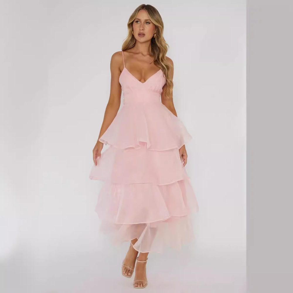 European And American Organza INS Deep V-neck Backless Sling Dress Leisure Vacation - Image 2