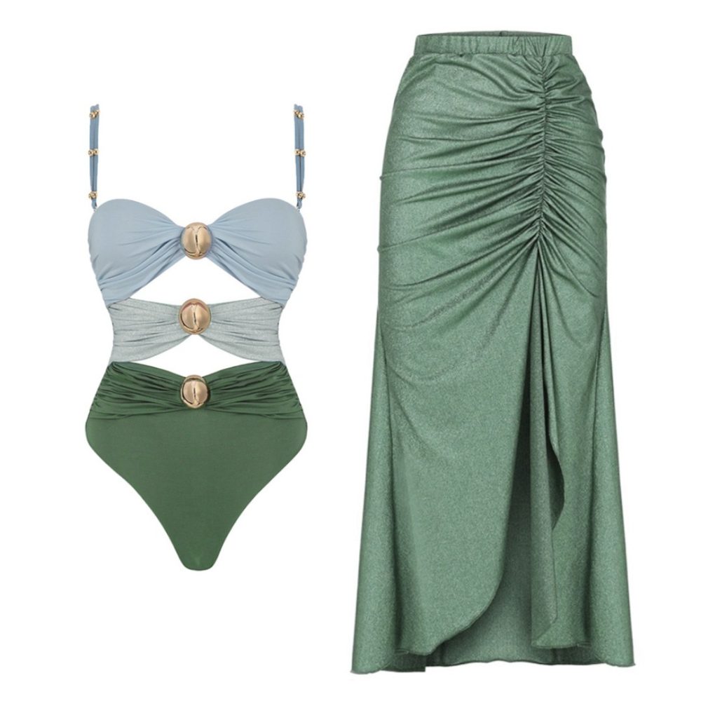 One-piece Swimsuit Women's Round Buckle Decoration Hollow Out Stitching Swimsuit Suit - Image 2