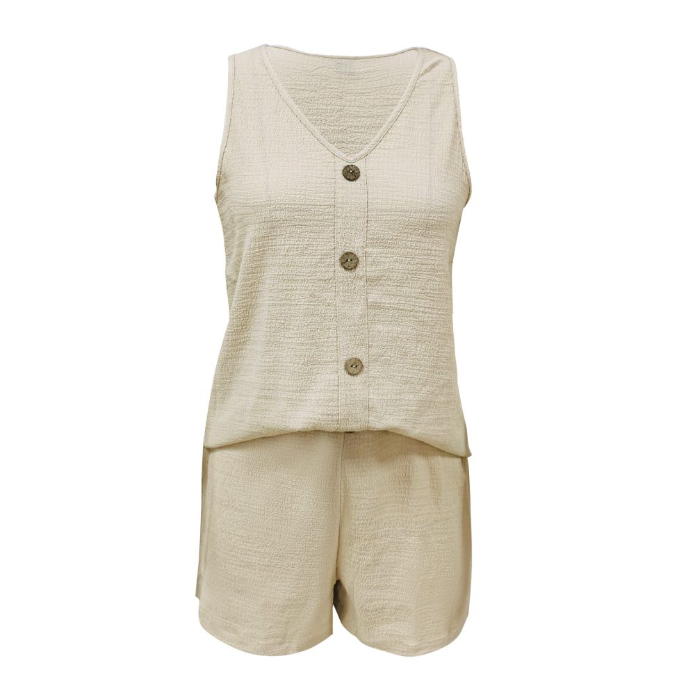 Casual V-neck Solid Color Vest Top Shorts Two-piece Set - Image 2