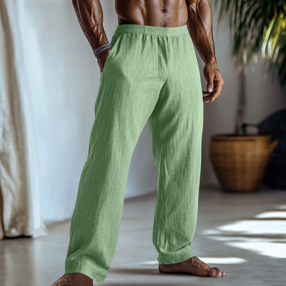 Cotton And Linen Solid Color Casual Trousers With Pockets - Image 5