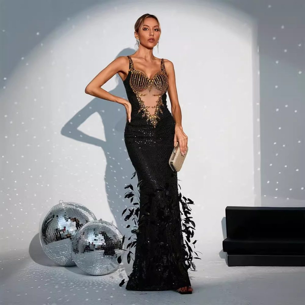 Black Feather Sequins Sling Dress - Image 5