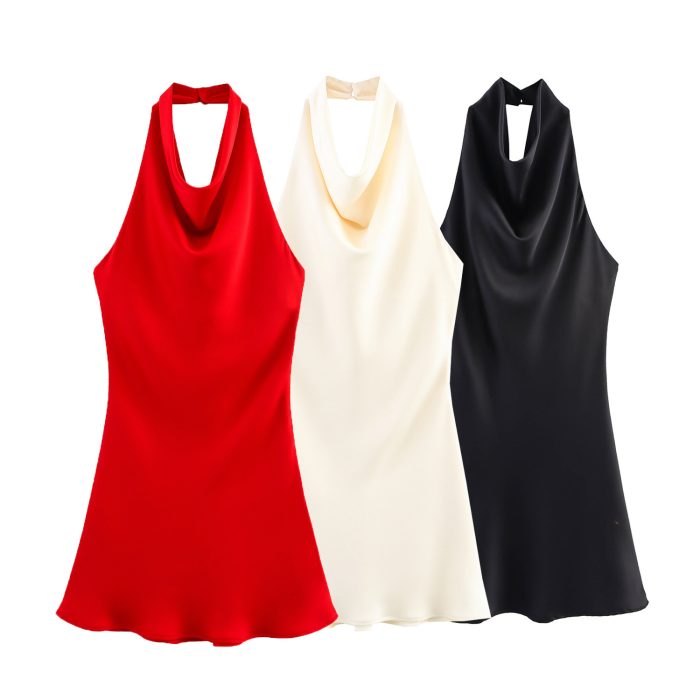 Silk Satin Hanging Collar Spaghetti Straps Sleeveless Dress