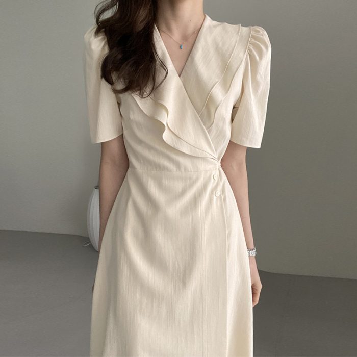 Retro Double-layer Collar Oblique Buckle Waist Slimming Mid-length One-piece Puff Sleeve Dress