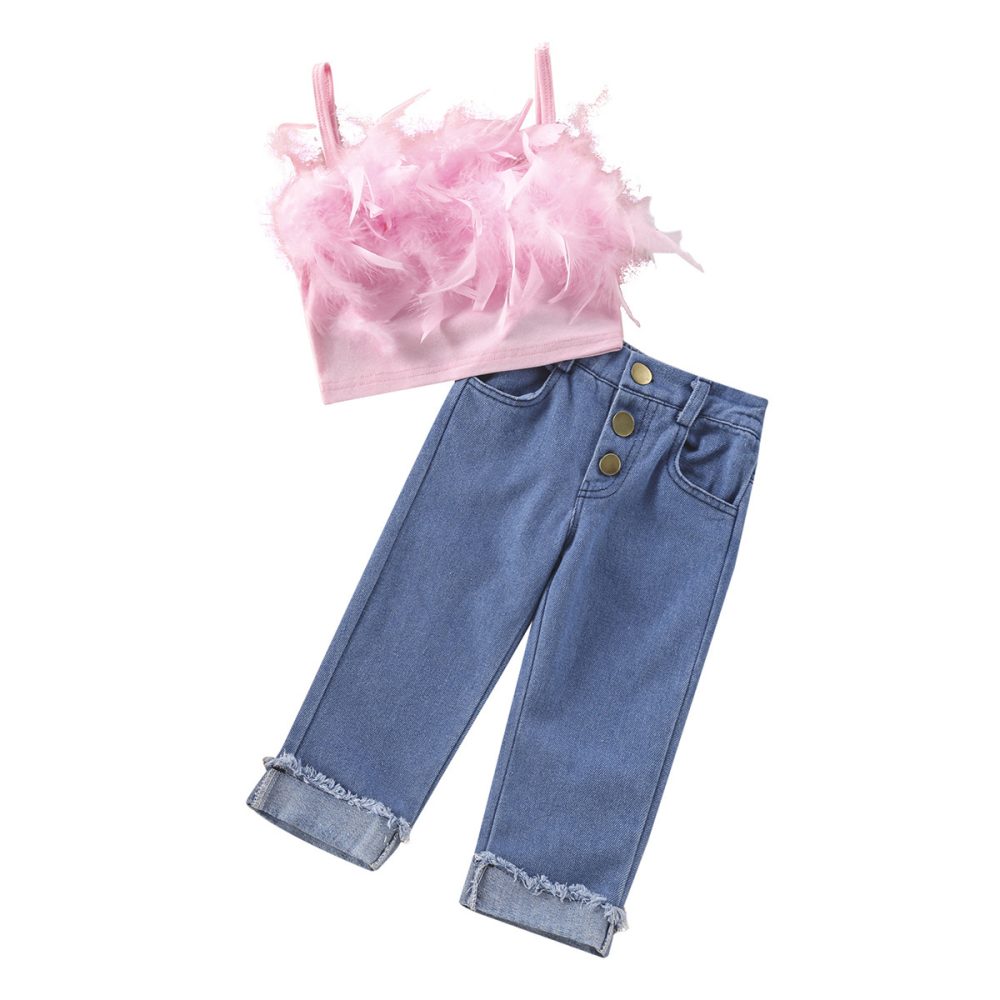 New Girls' Solid Color Sling Top Denim Trousers Suit - Image 4