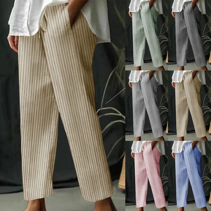 Casual Homewear Pants New Striped Solid Color Cotton And Linen Loose Trousers