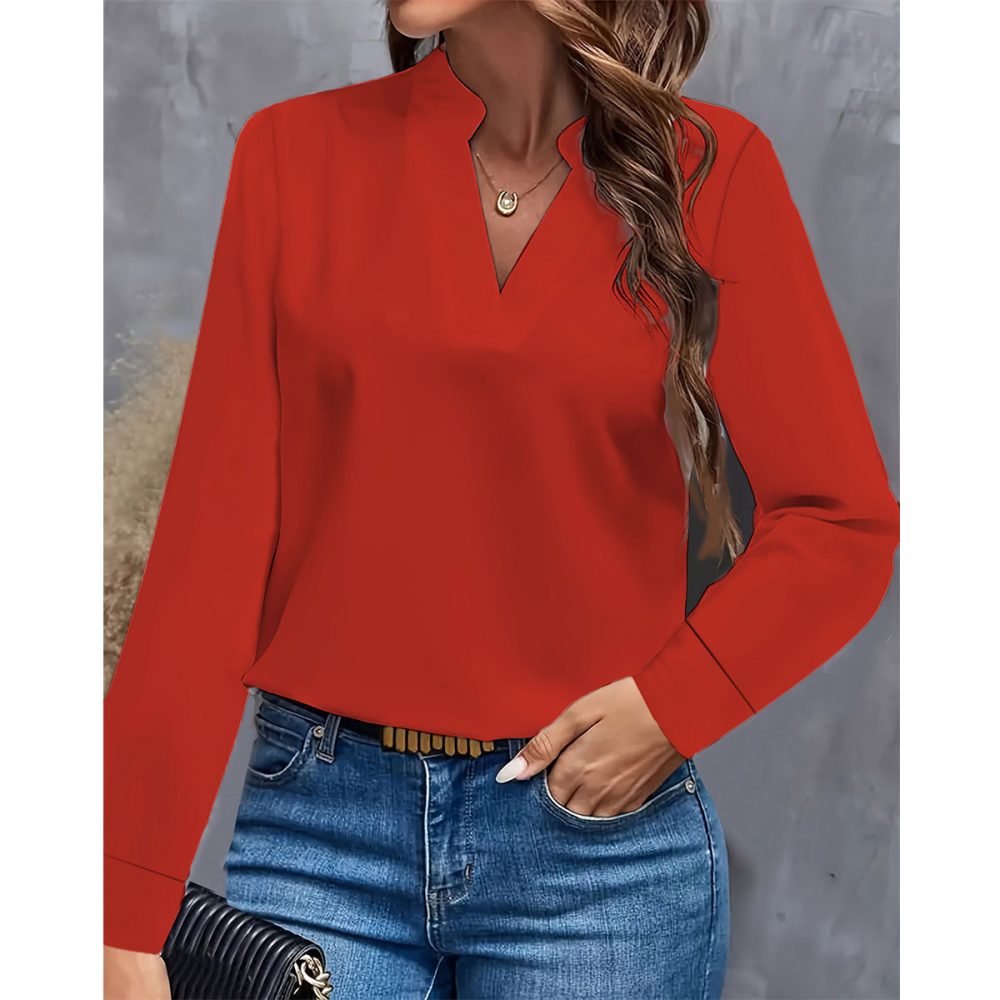 Simple Casual Solid Color And V-neck Loose Shirt Women's Top - Image 8