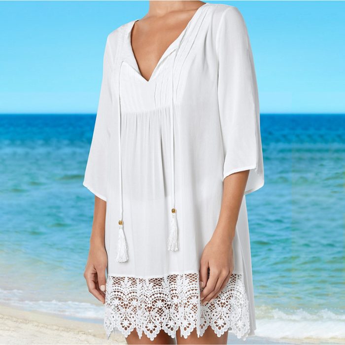 Cross-border Hot European And American Artificial Cotton Front Pleated Lace Beach Dress Bikini Cover Vacation Skirt Women