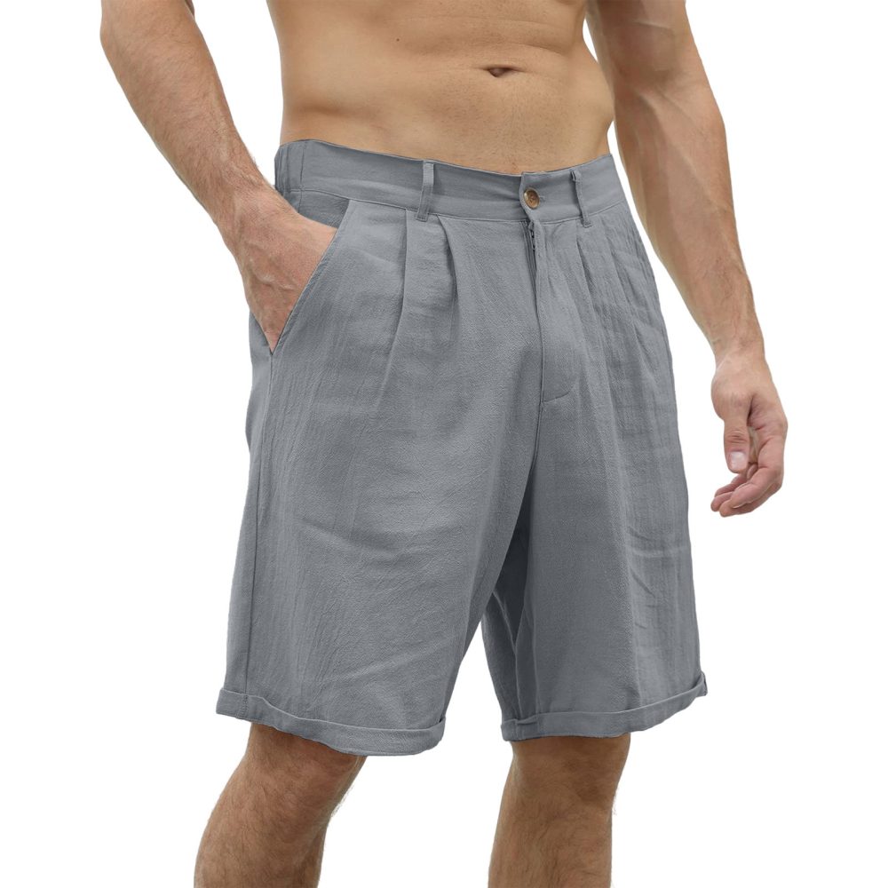 Men's Cotton And Linen Casual Beach Button Stretch Shorts - Image 3