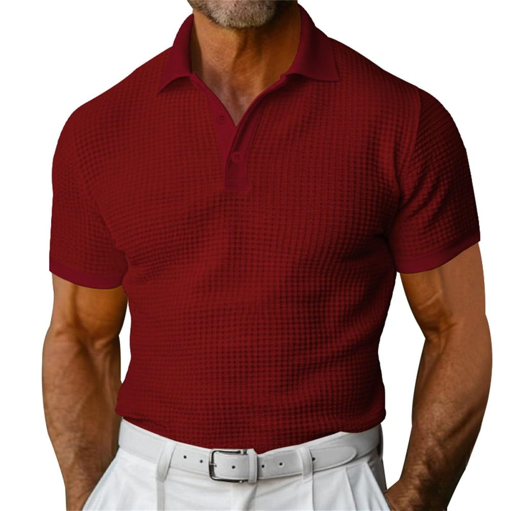 Waffle Short Sleeve Polo Shirt Men's Fashion Summer Lapel Tops - Image 3