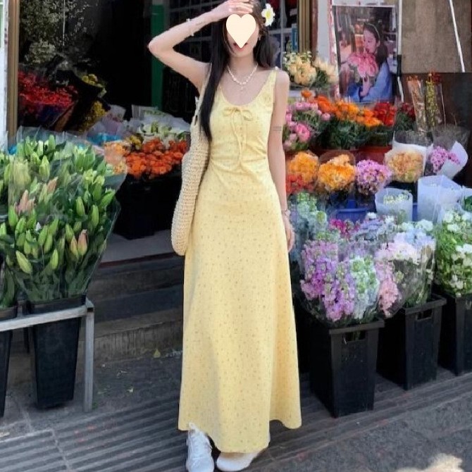 French Sweet Style Waist-slimming Long Dress
