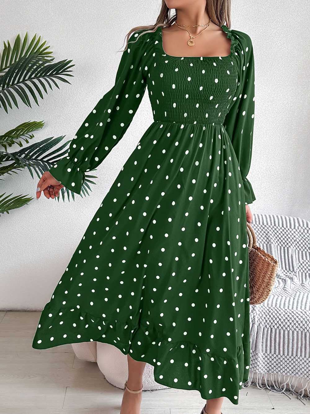 Casual Square Collar Polka Dot Swing Dress With Wooden Ears - Image 7
