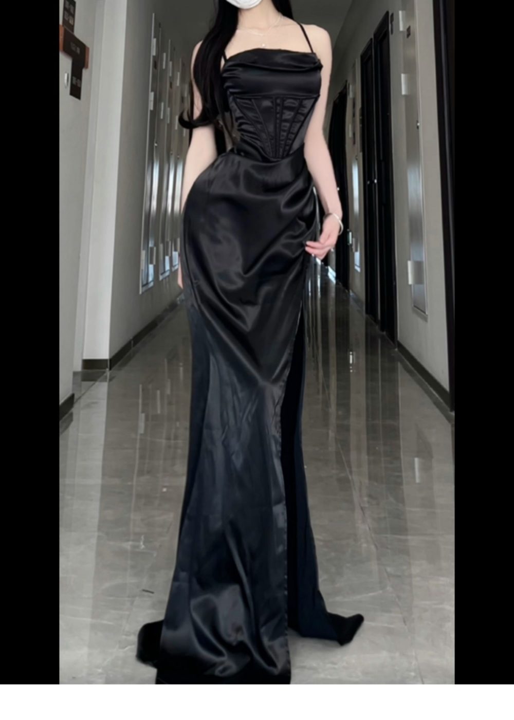 Long Formal Plus Size Black Slit Sling Dress - Image 4
