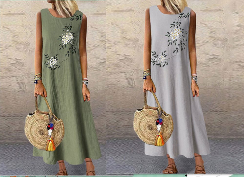 Cotton Linen Round Neck Sleeveless Printed Vest Dress - Image 4