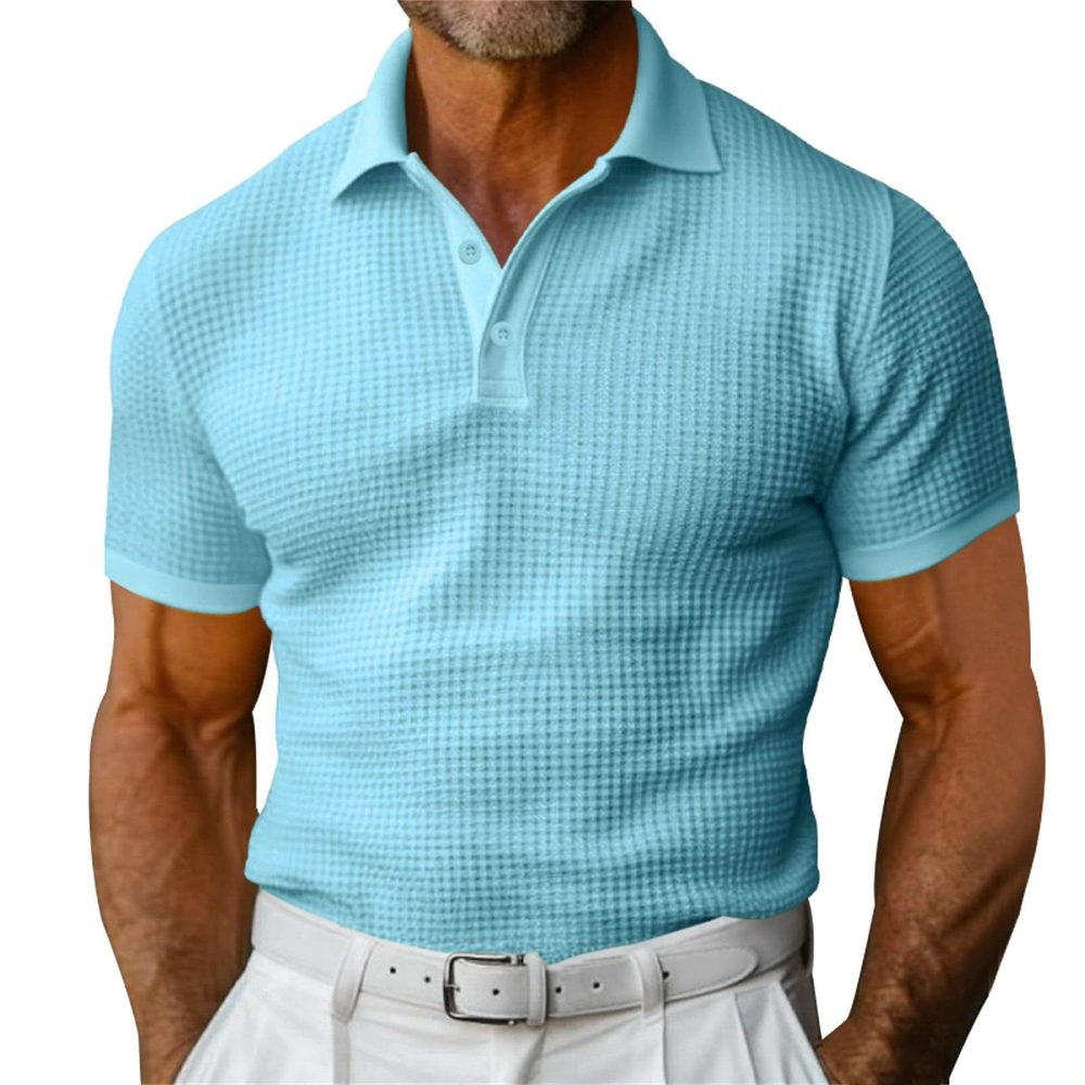 Waffle Short Sleeve Polo Shirt Men's Fashion Summer Lapel Tops - Image 7