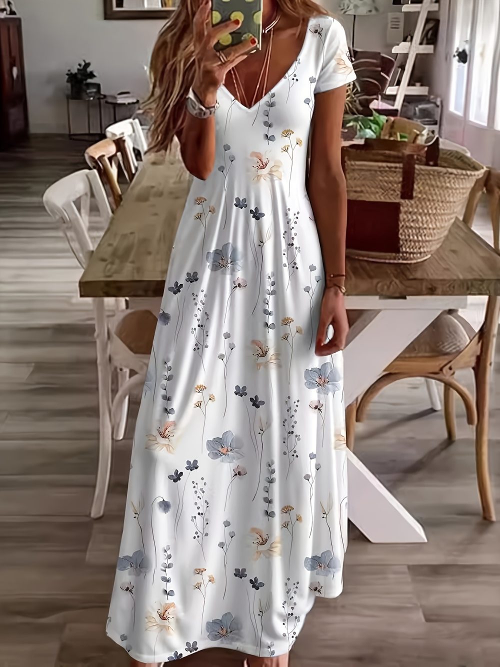 Casual Loose V-neck Printed Long Dress - Image 6