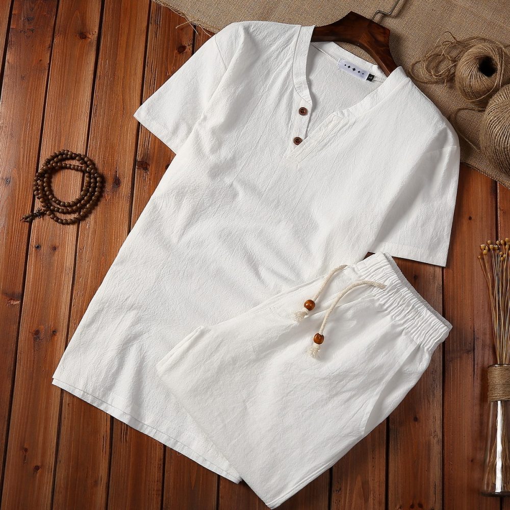 Cotton And Linen Two-piece Buckle Suit Casual V-neck Two-piece Set - Image 3