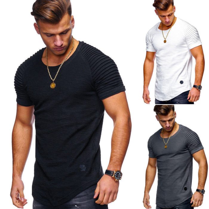 Round neck pleated raglan sleeves solid color men's short T-shirt