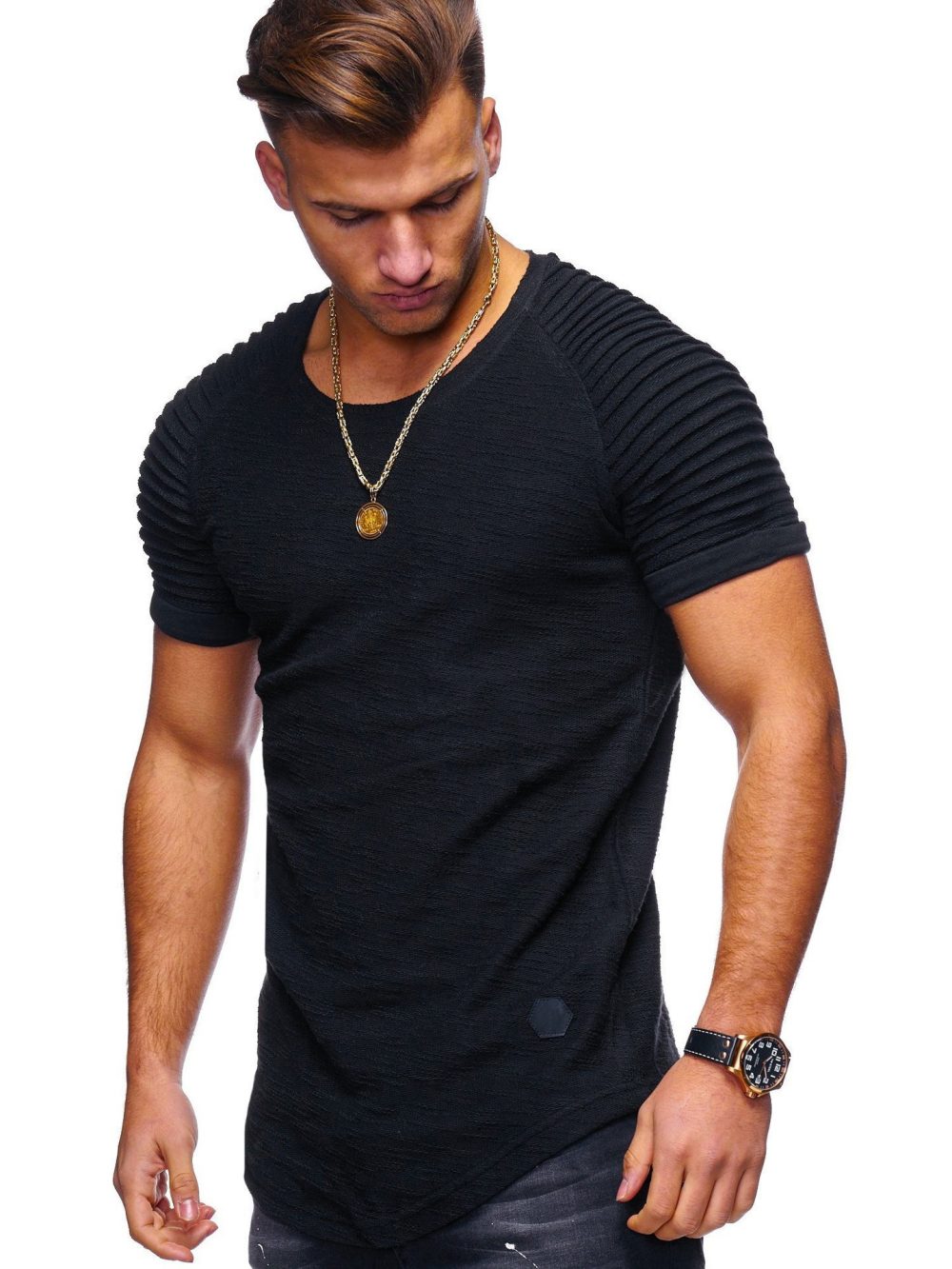 Round neck pleated raglan sleeves solid color men's short T-shirt - Image 5