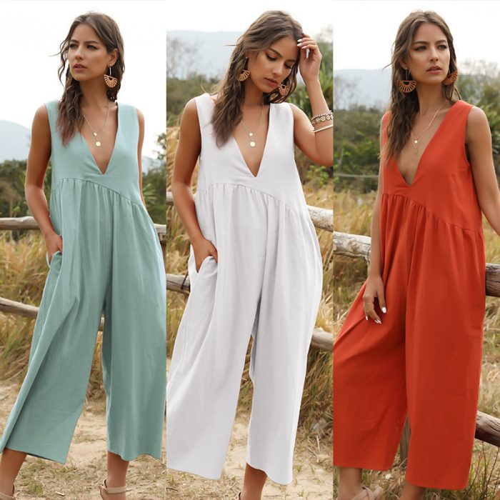 V-neck suspender sexy solid color jumpsuit