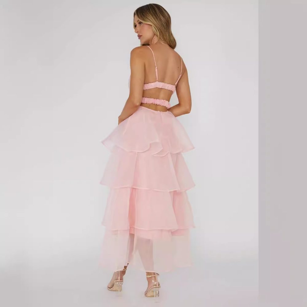 European And American Organza INS Deep V-neck Backless Sling Dress Leisure Vacation - Image 3