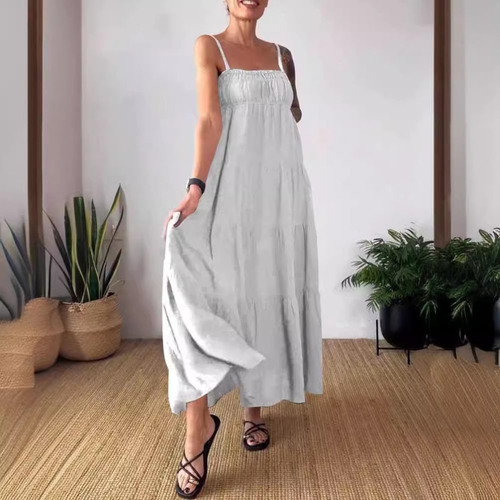 Women's Solid Color Casual Chest Wrap Pleated Suspender Dress - Image 7