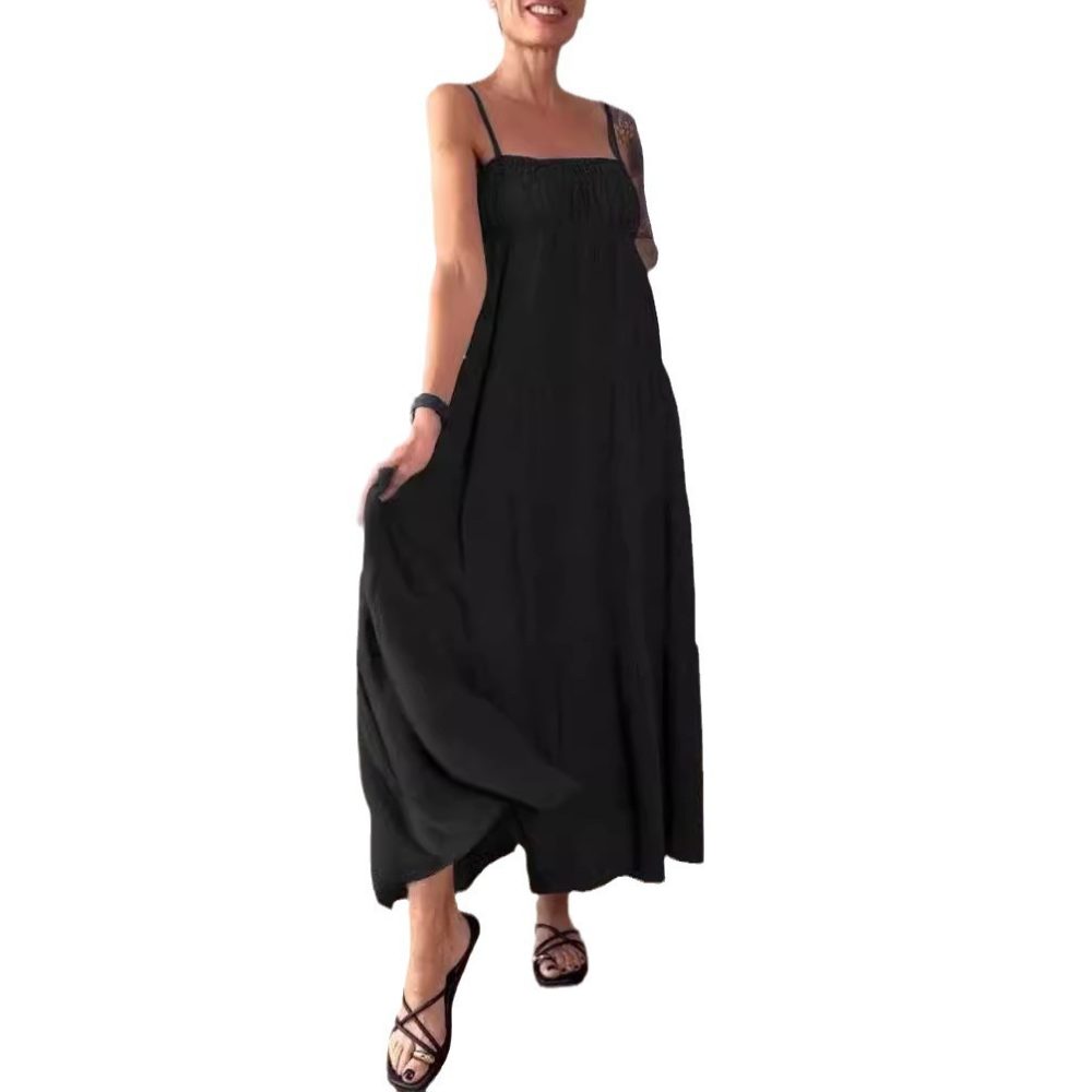 Women's Solid Color Casual Chest Wrap Pleated Suspender Dress - Image 5