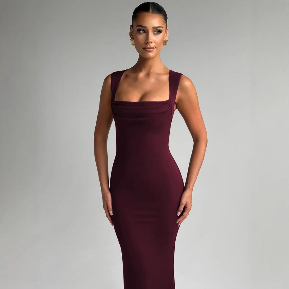 Fashion Temperament Slim Fit Square Collar Sleeveless Street Solid Color Slim Fit Dress Women - Image 3