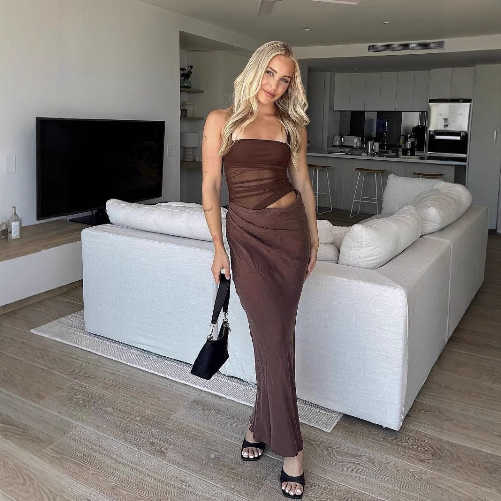 Hot Girl Sexy Mesh Stitching Halter Dress Women - Image 3