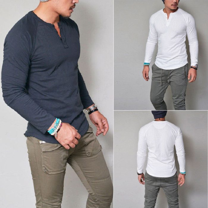 Men's Solid Color Round Neck Button Long Sleeve t-shirt