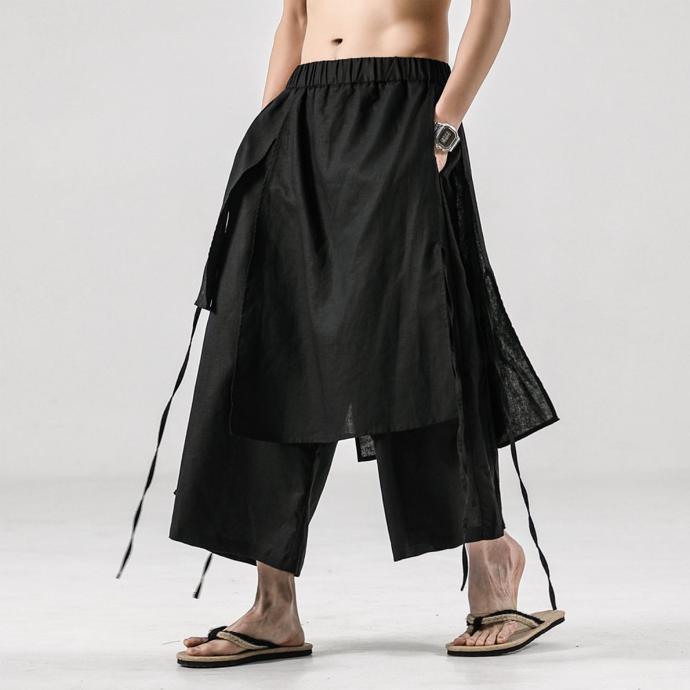 Men's Solid Color Retro Linen Casual Culottes - Image 2
