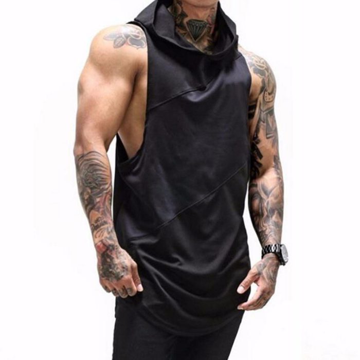 Men's Fitness Vest Solid Color Pure Cotton Bodybuilding Hooded Long Loose