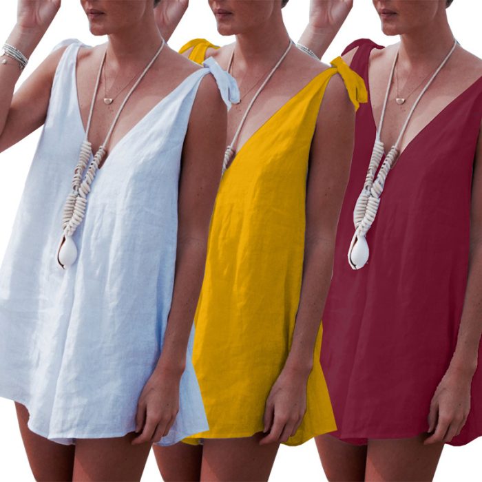 Deep V-neck Sling Wide Loose Cotton And Linen Jumpsuit