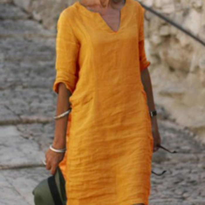 New Fashion Short Sleeved Solid Color V Neck Mid Length Dress