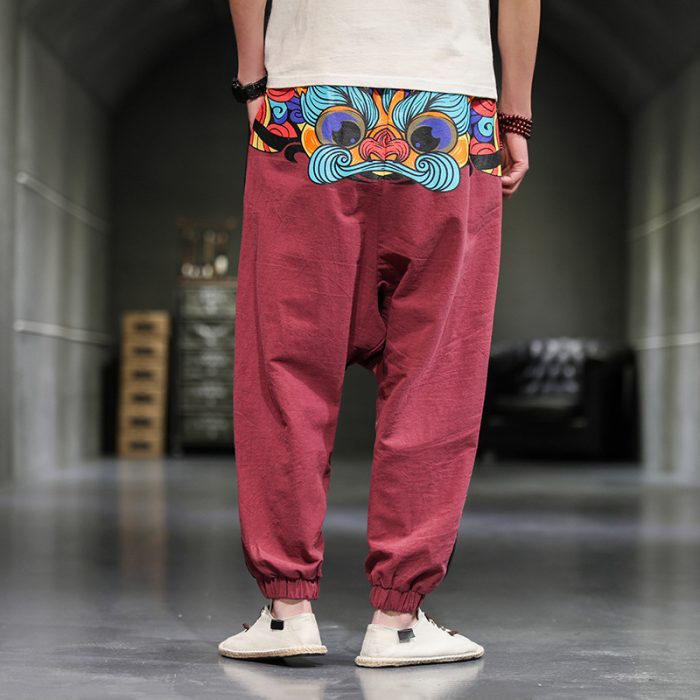 Retro color matching loose printed cotton and linen trousers