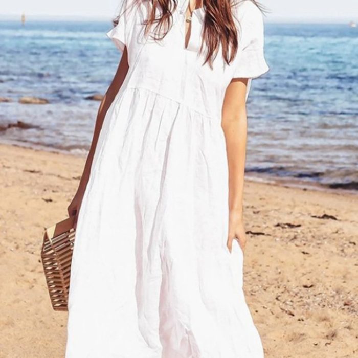 Dress Women's Solid Color Cotton And Linen Long Skirt With Big Swing Skirt