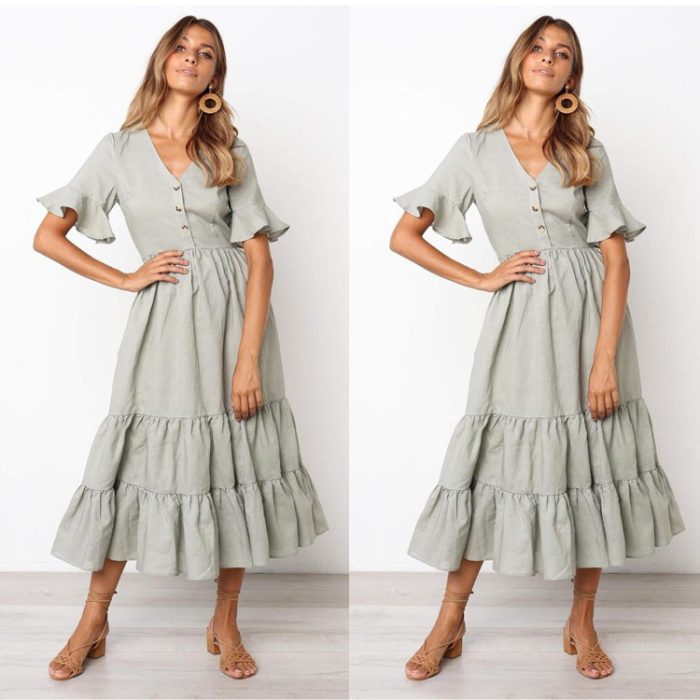 Women's Cotton V-neck Ruffle Skirt Dress