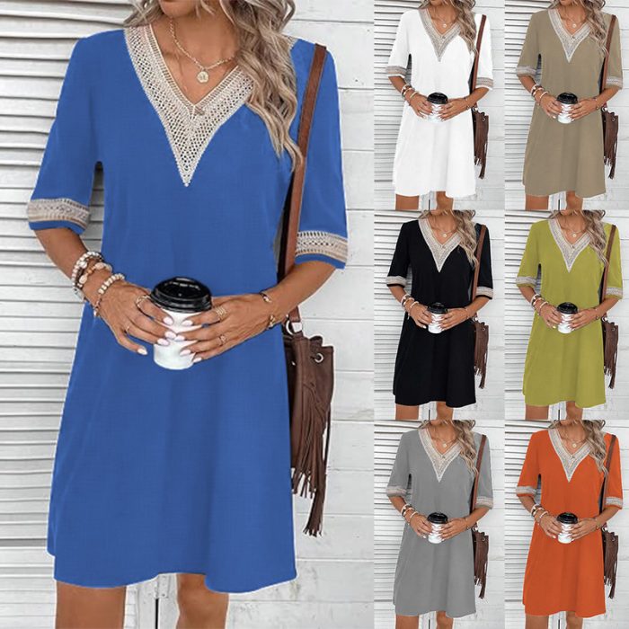 V-neck Half Sleeves Loose Casual Dress