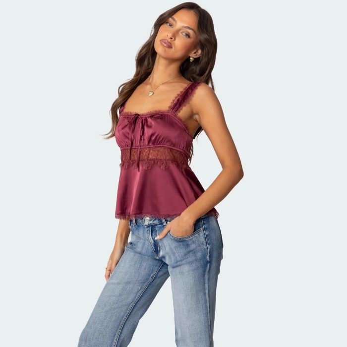 Stitching Lace Spaghetti-strap Camisole Top