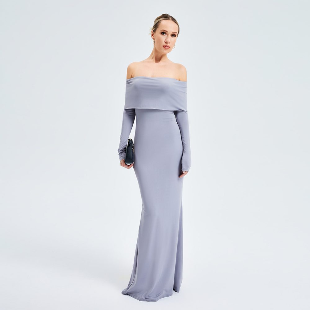 Elegant Off-shoulder Long-sleeved Long Dress - Image 4