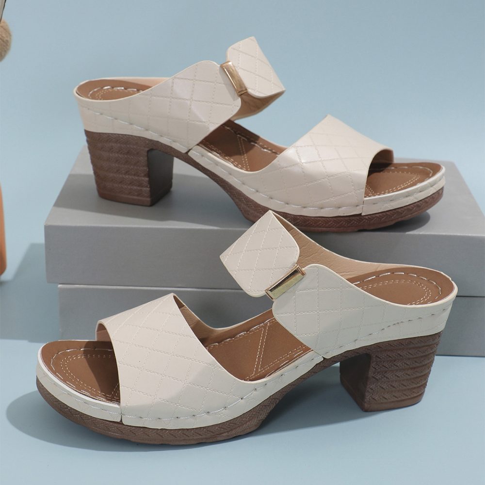 Chunky Heel Sandals Summer Round Toe Plaid Slides Slippers Fashion Outdoor High Heels Shoes For Women - Image 8