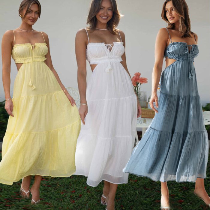 Women's V-neck Sleeveless Solid Color Stitching Big Swing Long Dress