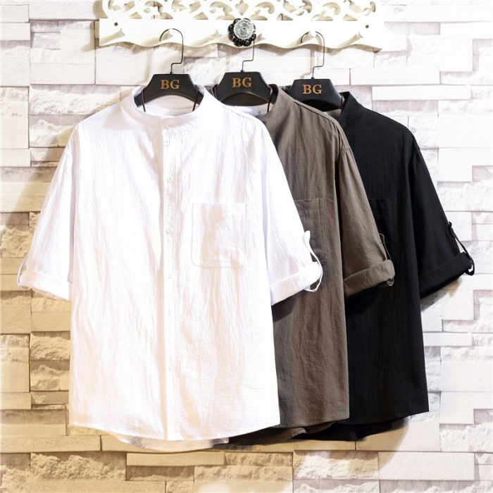 Men's cotton and linen stand collar short sleeves