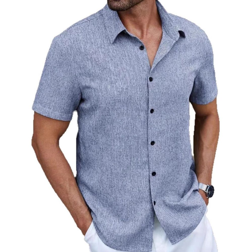 Men's Lapel Cotton And Linen Stripes Jacquard Loose Casual Shirt - Image 5