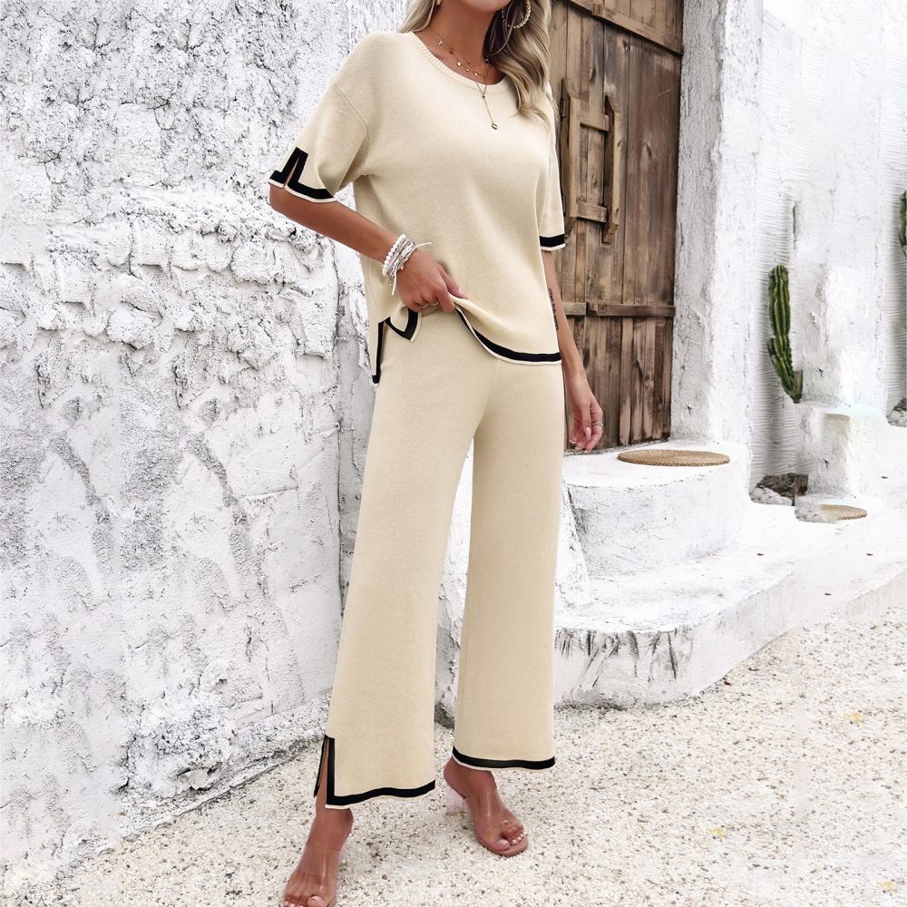 2Pcs Black Striped Knitted Suit Summer Casual Temperament Split Short-sleeved Top And Loose Straight Trousers Womens Clothing - Image 9