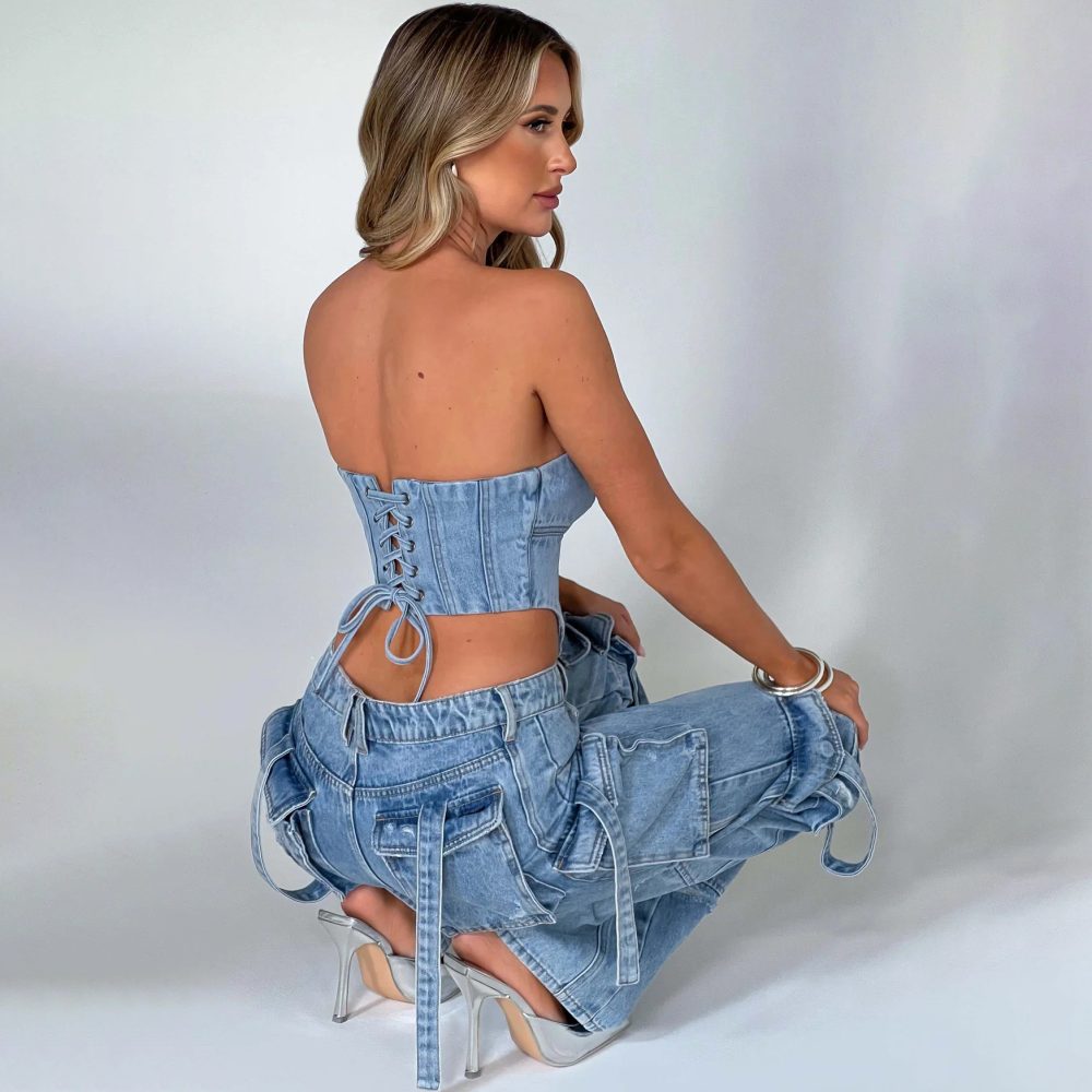 2Pcs Denim Suits Summer Sexy Backless Tube Top And Multi-pocket Straight Trousers Fashion Long Pants Suit Womens Clothing - Image 3