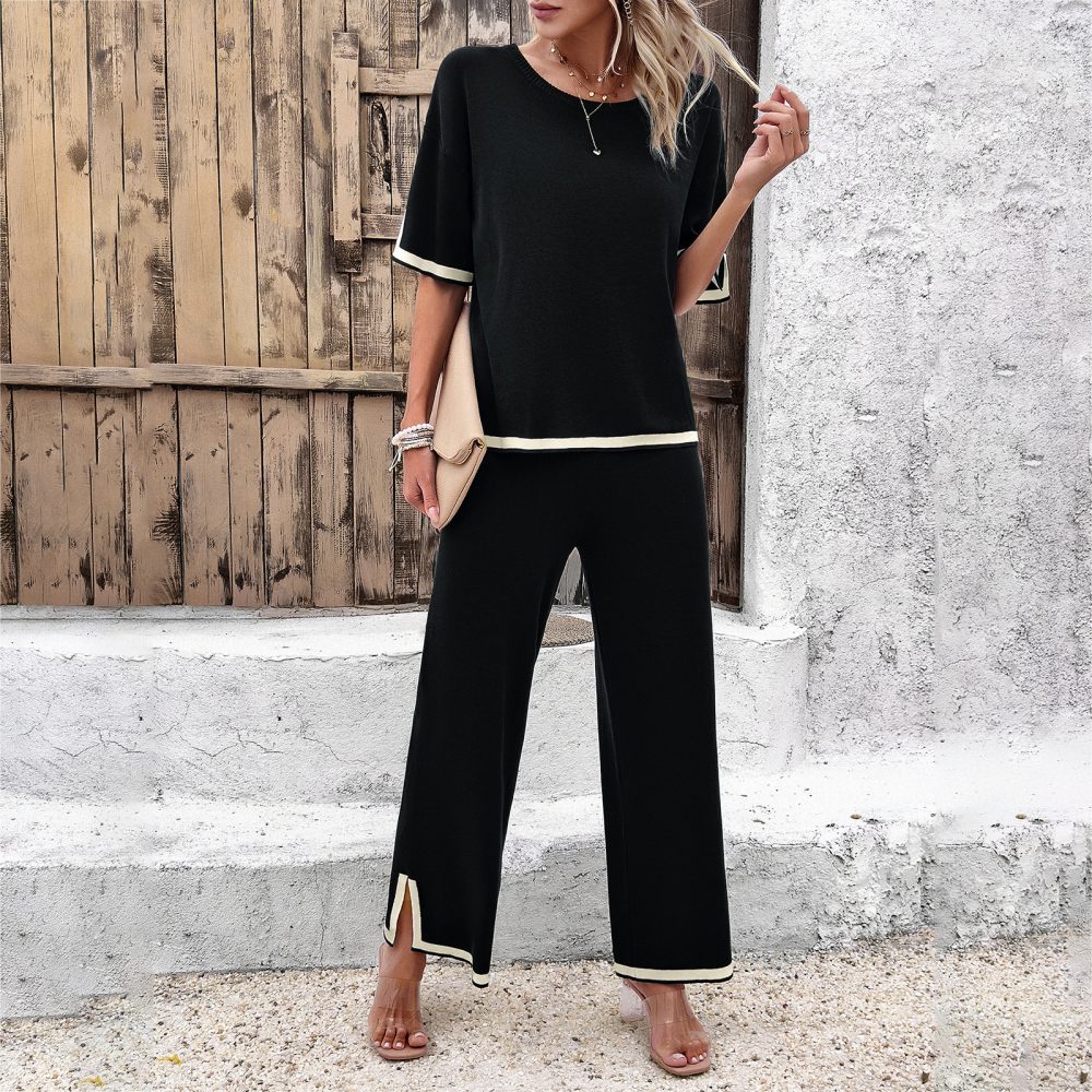 2Pcs Black Striped Knitted Suit Summer Casual Temperament Split Short-sleeved Top And Loose Straight Trousers Womens Clothing - Image 6
