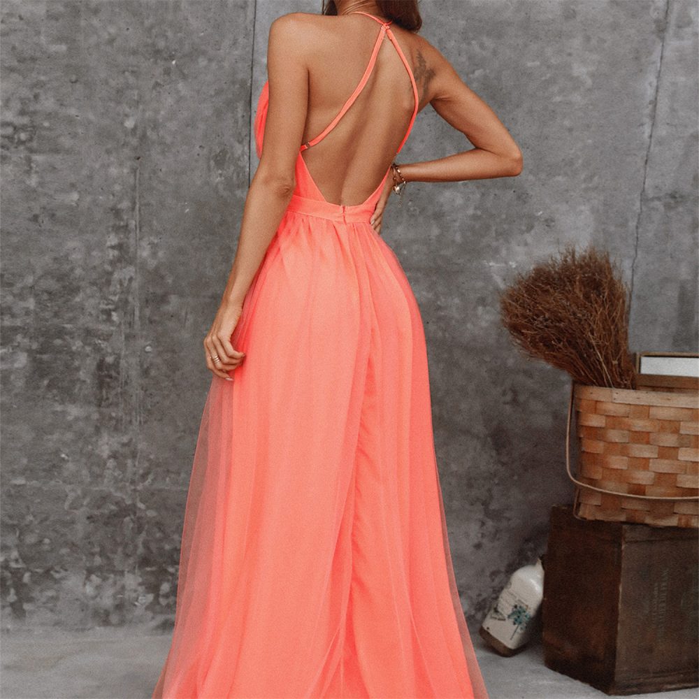 Women's Fashionable Elegant Orange Suspender Gauze Dress - Image 3